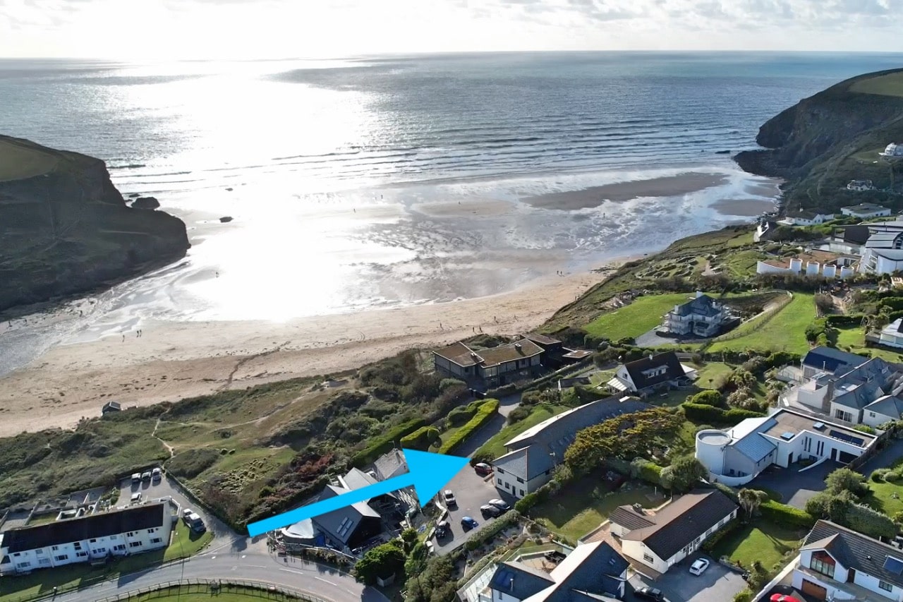 Aerial photo of 3 White Lodge and the beach